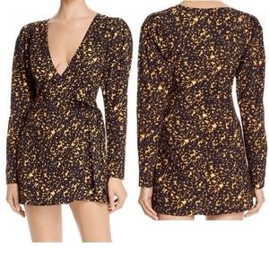 WeWoreWhat Tortoise AnimalPrint Blanca Long Puff Sleeve VNeck Wrap Mini Dress XL